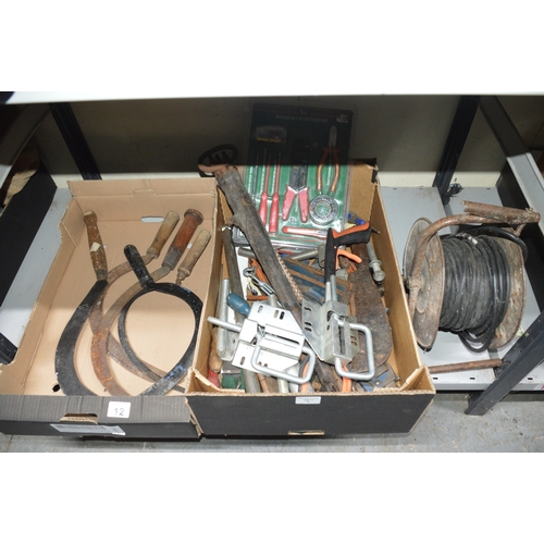 12 - 2 boxes of hand tools & cable reel
