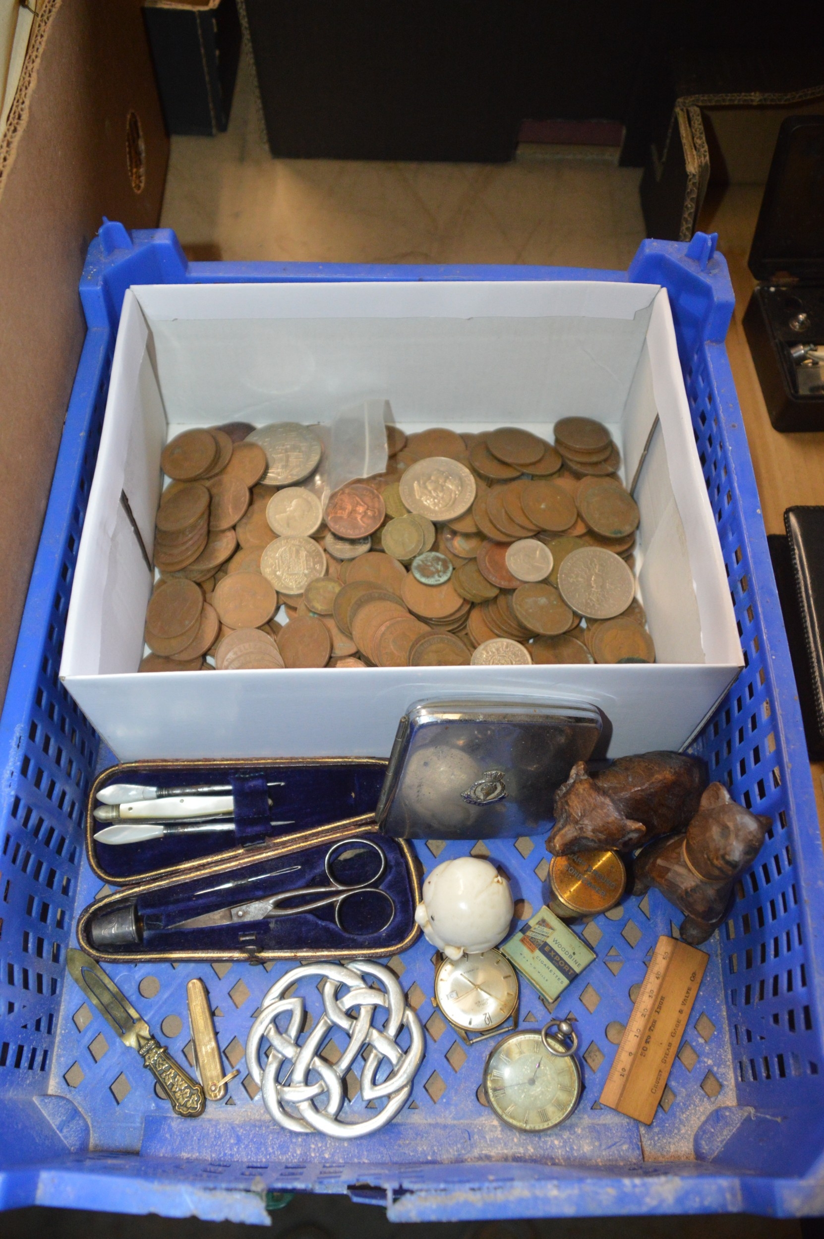 crate of misc. items & coins