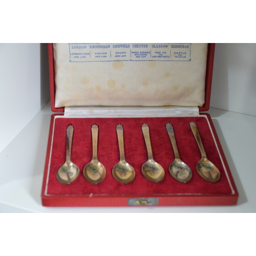 16 - Cased set of 6 sterling silver spoons, each of the 6 assay marks (total spoon weight 85g)