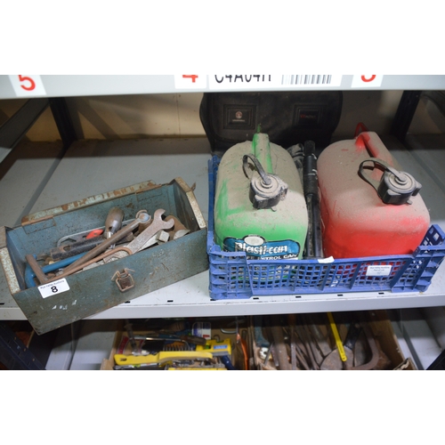 8 - tool box & contents w/ 2 fuel cans
