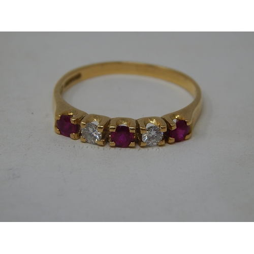 13 - 18ct Yellow Gold Fully Hallmarked Diamond & Ruby Ring Inset with Three Rubies & Two Diamonds. Ring S... 