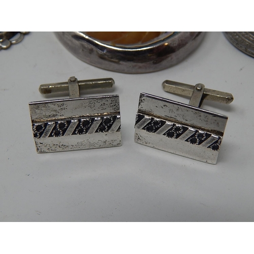 18 - Pair of Silver Cufflinks together with two silver mounted pendants & a further pendant