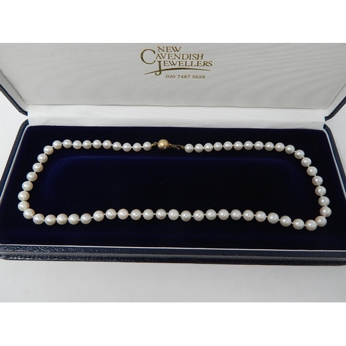 35 - Single Row Pearl Necklace with 9ct Gold White Stone Set Ball Clasp. 6mm pearls, length 44cm