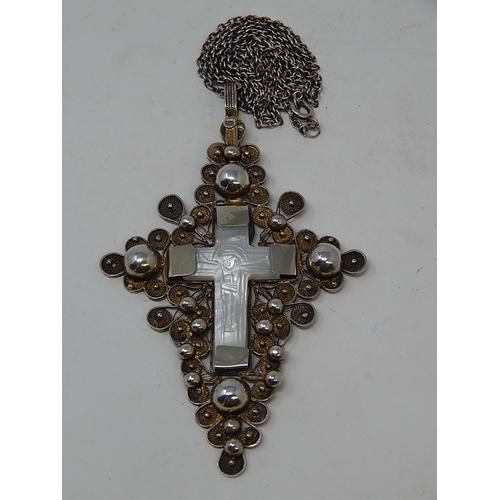 70 - Austro Hungarian Silver Gilt & Mother of Pearl Filigree Cross Pendant on a silver chain by JR, 900 s... 