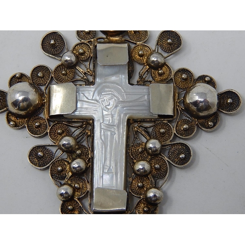 70 - Austro Hungarian Silver Gilt & Mother of Pearl Filigree Cross Pendant on a silver chain by JR, 900 s... 