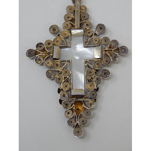 70 - Austro Hungarian Silver Gilt & Mother of Pearl Filigree Cross Pendant on a silver chain by JR, 900 s... 