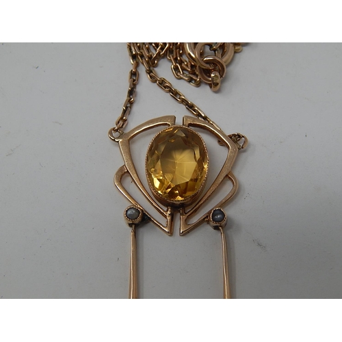 78 - A Gold Chandelier Pendant Necklace set 3 yellow Topaz & 4 seed pearls (Cased).