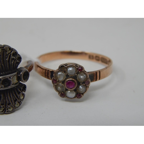 91 - WITHDRAWN: Antique 9ct Gold Ruby & Pearl Ring (one stone missing) together with a 9ct & silver marca... 