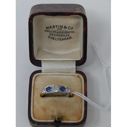 92 - Art Deco Diamond & Sapphire 18ct Hallmarked Ring, set with 3 diamonds, estimated weight 1.00ct & 2 s... 