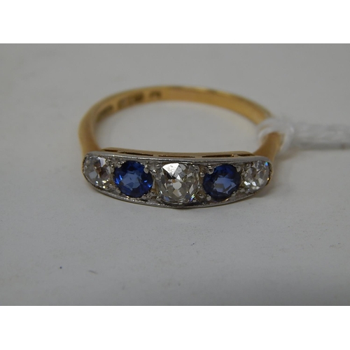 92 - Art Deco Diamond & Sapphire 18ct Hallmarked Ring, set with 3 diamonds, estimated weight 1.00ct & 2 s... 