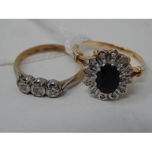 95 - 9ct Gold Diamond & Sapphire Ring, Size P 1/2 together with another gold ring set 3 diamonds, Size N.... 