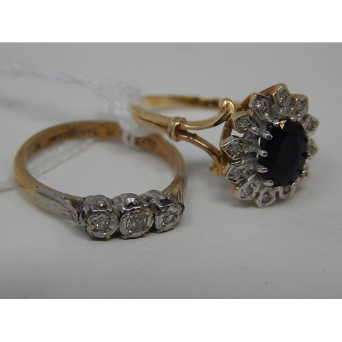 95 - 9ct Gold Diamond & Sapphire Ring, Size P 1/2 together with another gold ring set 3 diamonds, Size N.... 