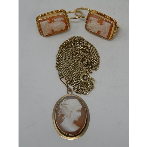 71 - A Gold Fine Flat Curb Link Chain with Cameo Pendant together with a pair of similar earrings.