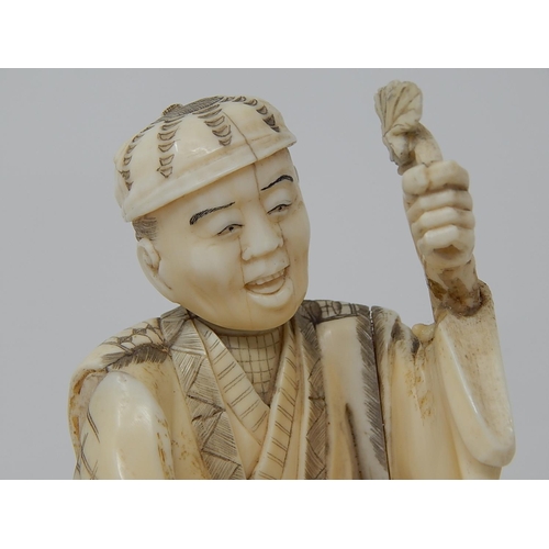 842 - Meiji (1868-1912) Japanese Ivory Figure, Signed to Base on Wooden Stand. The Figure 20.5cm High