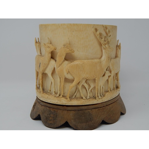 844 - Antique African Ivory Tusk Carved with an all round Relief of Gazelle & Their Young. 11cm wide x 11c... 