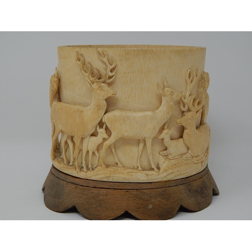 844 - Antique African Ivory Tusk Carved with an all round Relief of Gazelle & Their Young. 11cm wide x 11c... 