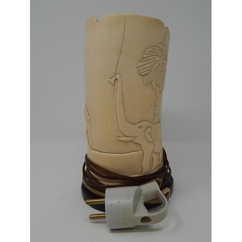 845 - Antique African Ivory Tusk carved with an Elephant & Palace, converted to a Lamp. 19.5cm High