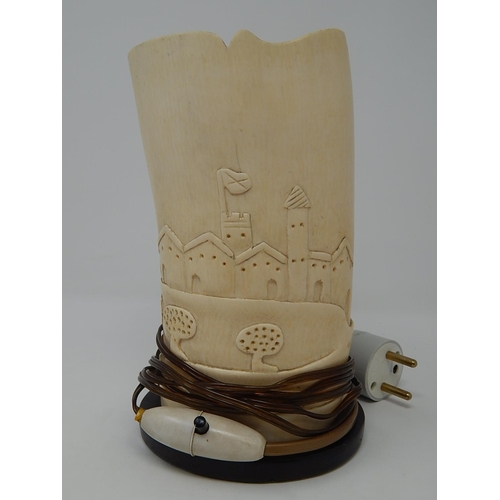 845 - Antique African Ivory Tusk carved with an Elephant & Palace, converted to a Lamp. 19.5cm High