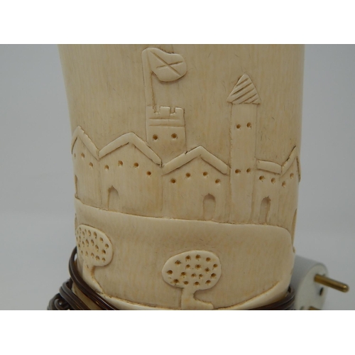 845 - Antique African Ivory Tusk carved with an Elephant & Palace, converted to a Lamp. 19.5cm High