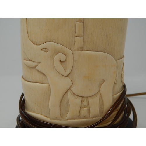 845 - Antique African Ivory Tusk carved with an Elephant & Palace, converted to a Lamp. 19.5cm High