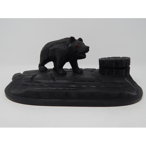 847 - Late 19th Century Black Forest Ink Stand Carved as a Bear with Glass Eyes in a Naturalistic Setting,... 