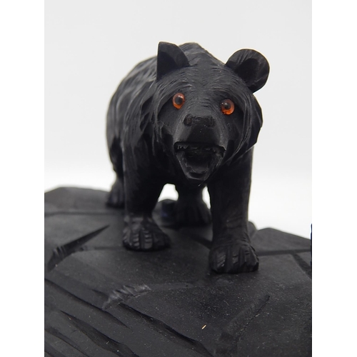 847 - Late 19th Century Black Forest Ink Stand Carved as a Bear with Glass Eyes in a Naturalistic Setting,... 