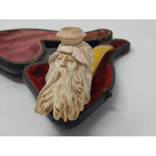 849 - Late 19th Century Meerschaum Pipe, Carved as the Head of an Old Bearded Man with Amber Coloured Mout... 