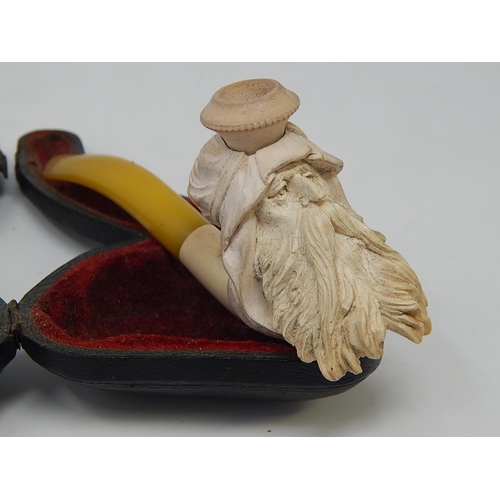 849 - Late 19th Century Meerschaum Pipe, Carved as the Head of an Old Bearded Man with Amber Coloured Mout... 