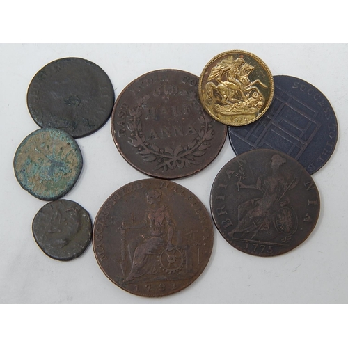 317 - Trade Tokens together with a George III 1775 penny, Macclesfield Halfpenny 1791, three roman coins &... 