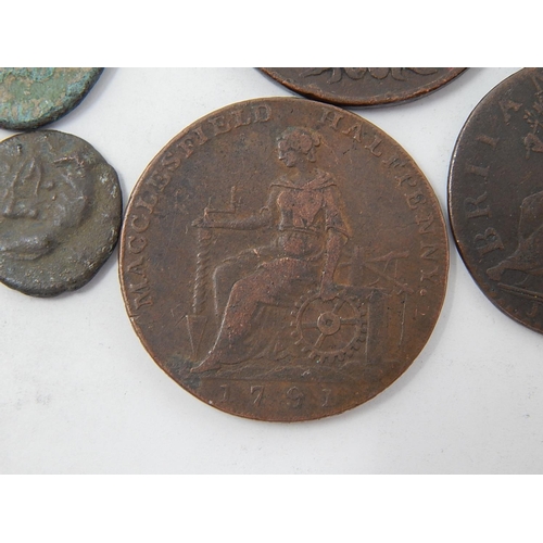 317 - Trade Tokens together with a George III 1775 penny, Macclesfield Halfpenny 1791, three roman coins &... 