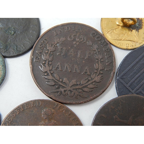 317 - Trade Tokens together with a George III 1775 penny, Macclesfield Halfpenny 1791, three roman coins &... 