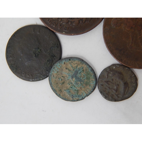 317 - Trade Tokens together with a George III 1775 penny, Macclesfield Halfpenny 1791, three roman coins &... 