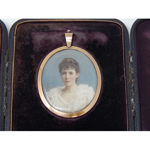 106 - Victorian Brooch / Pendant. The Painted Miniature of a pretty young Lady in a white dress wearing pe... 