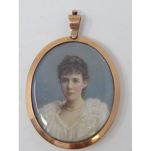 106 - Victorian Brooch / Pendant. The Painted Miniature of a pretty young Lady in a white dress wearing pe... 