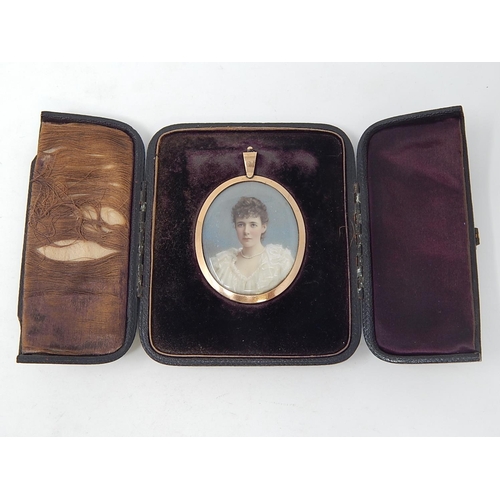 106 - Victorian Brooch / Pendant. The Painted Miniature of a pretty young Lady in a white dress wearing pe... 