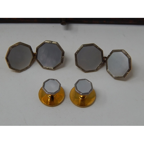 108 - Pair of Gold Cufflinks & Two Dress Studs, Marked 18ct & 9ct with Mother of Pearl Fronts in Fitted Ca... 