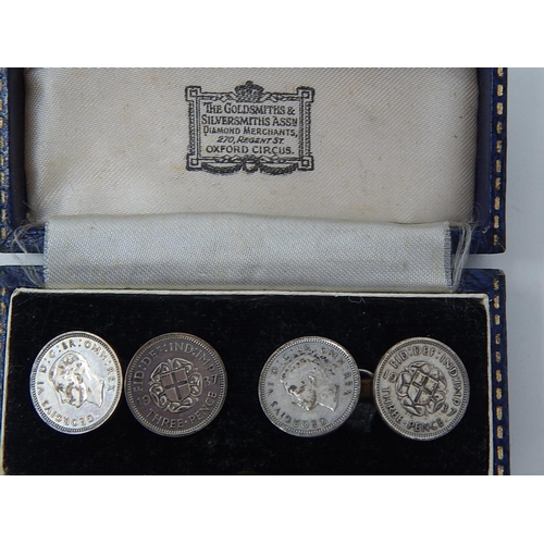 109 - Pair of Silver Threepence Cufflinks dated 1937-1939 in fitted Goldsmiths & Silversmiths case.