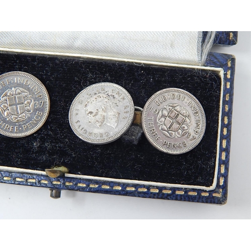 109 - Pair of Silver Threepence Cufflinks dated 1937-1939 in fitted Goldsmiths & Silversmiths case.