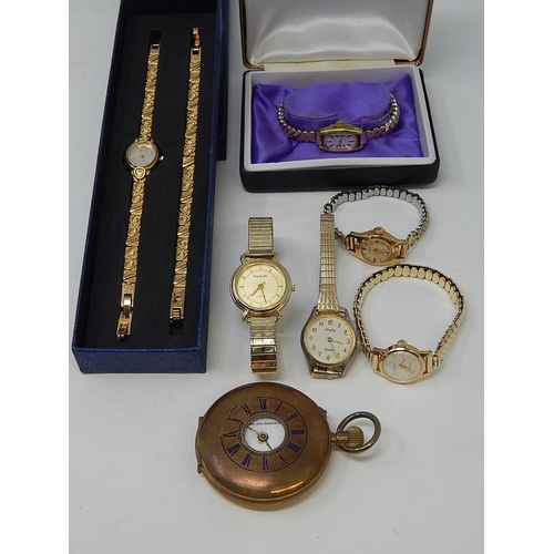 220 - Group of 7 watches to include a half hunter pocket watch & various ladies wristwatches.