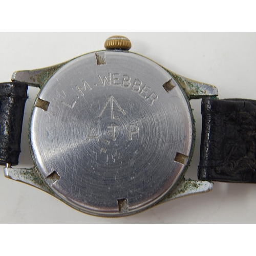 222 - Military: Gents Leonidas wristwatch, marked with broad arrow to back on leather strap.