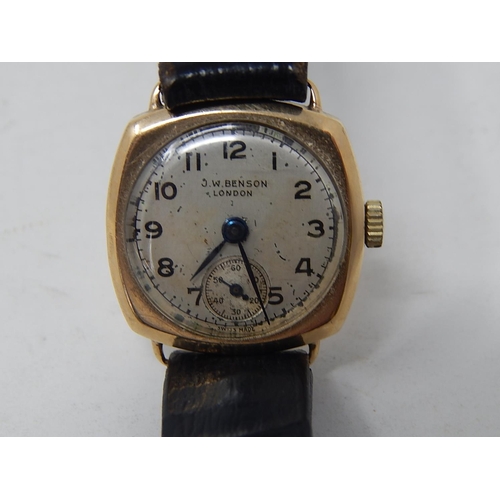 223 - J W Benson: Ladies 9ct gold wristwatch with subsidiary dial on leather strap. currently working.