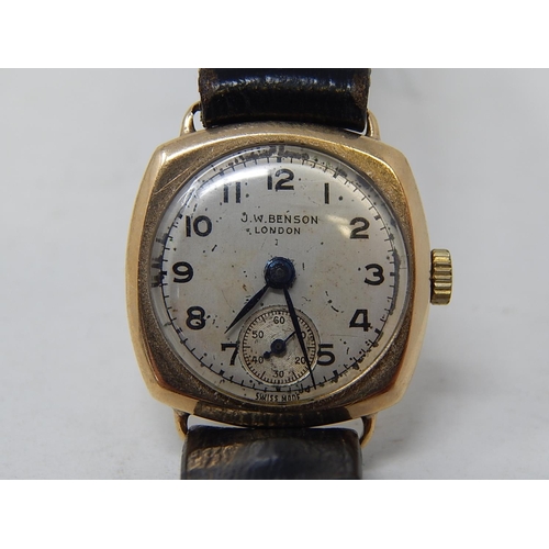 223 - J W Benson: Ladies 9ct gold wristwatch with subsidiary dial on leather strap. currently working.