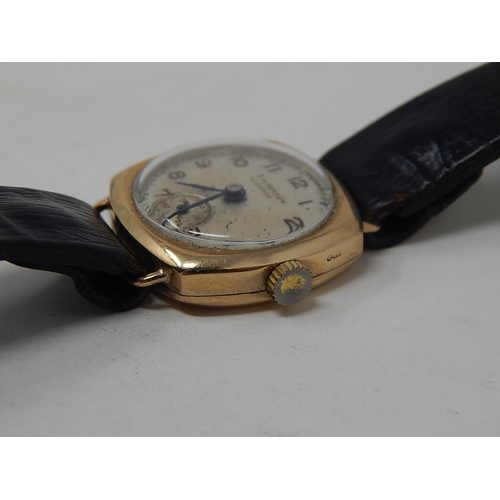 223 - J W Benson: Ladies 9ct gold wristwatch with subsidiary dial on leather strap. currently working.