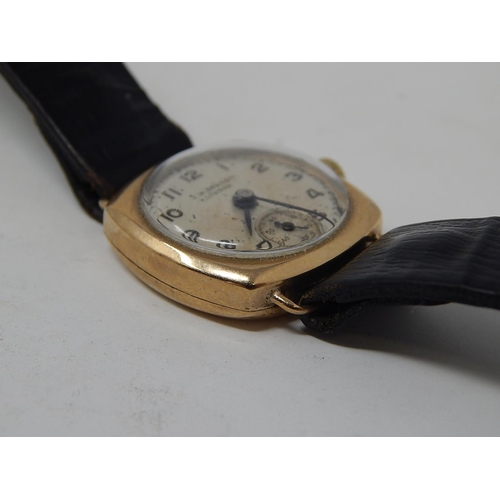 223 - J W Benson: Ladies 9ct gold wristwatch with subsidiary dial on leather strap. currently working.