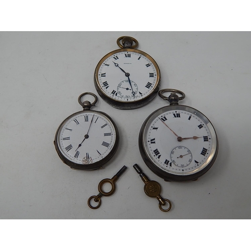 225 - Two Silver Pocket Watches together with their keys & a further plated top wind pocket watch