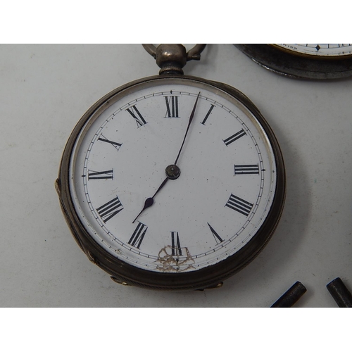 225 - Two Silver Pocket Watches together with their keys & a further plated top wind pocket watch