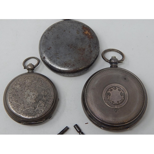 225 - Two Silver Pocket Watches together with their keys & a further plated top wind pocket watch