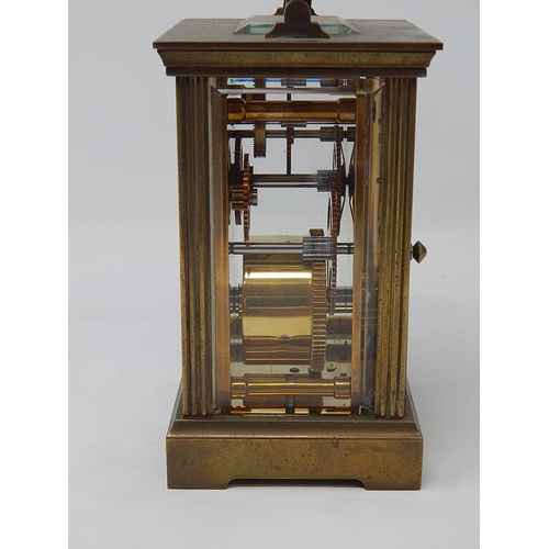 234 - Charles Frodsham Brass Carriage Clock with visible escapement, white dial with Roman numerals, compl... 