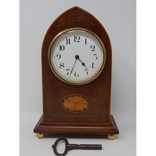 237 - Edwardian Mahogany Lancet Clock with white enamel dial. The case inlaid with shell decoration & sitt... 