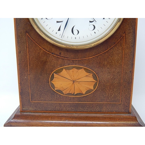 237 - Edwardian Mahogany Lancet Clock with white enamel dial. The case inlaid with shell decoration & sitt... 